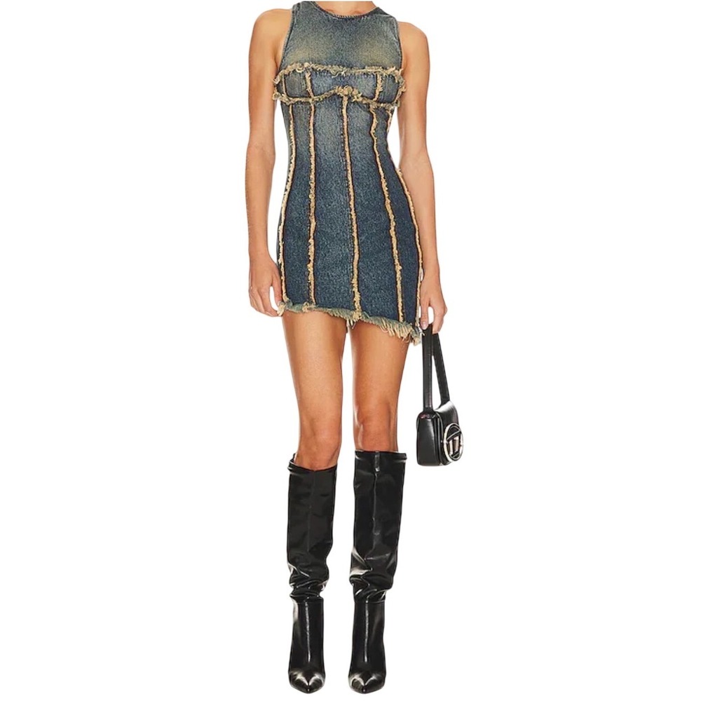 $265 h:ours Aviva Mini Dress LARGE Tinted Dark Indigo Frayed Denim Dress Revolve